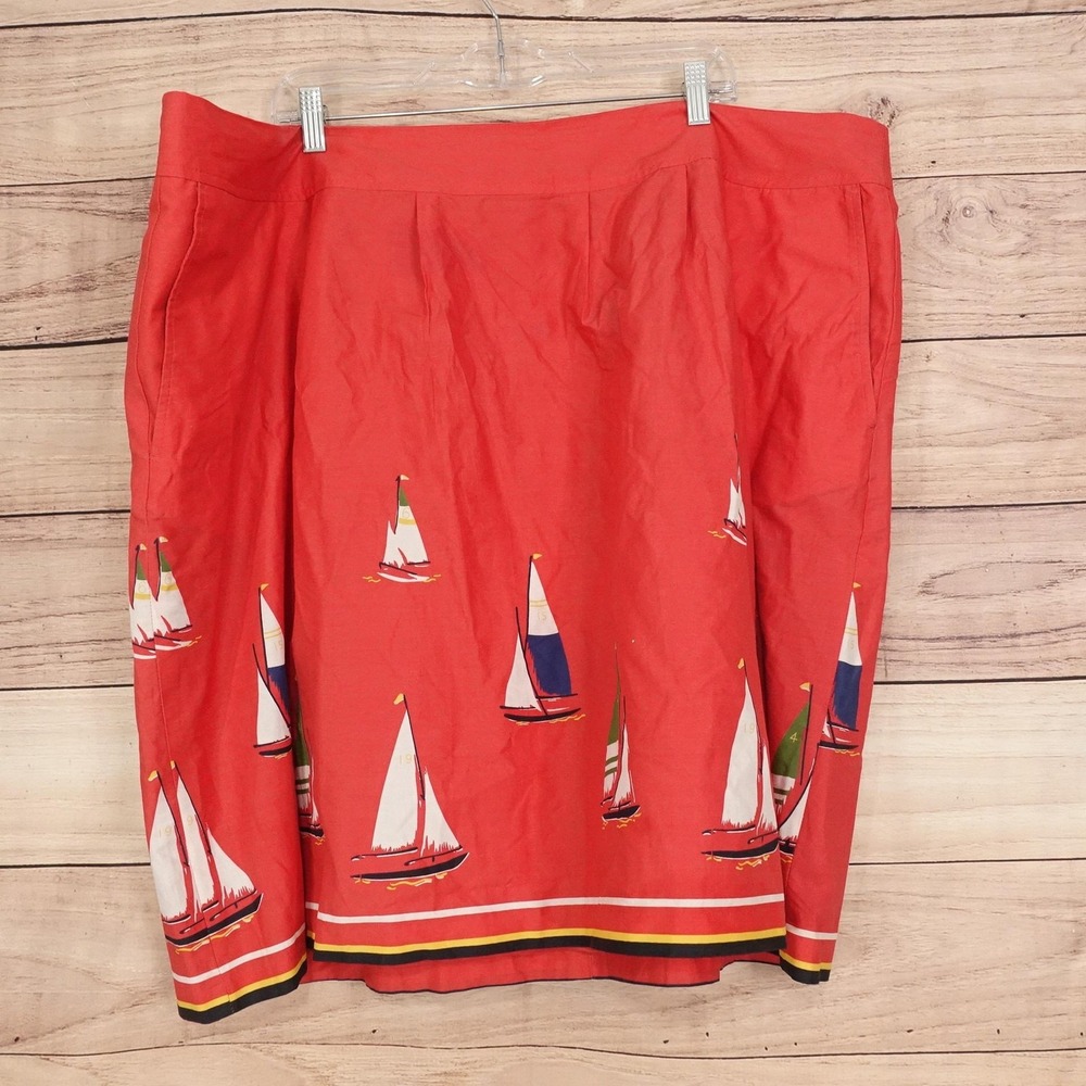 Lands' End Skirt Womens 26W Red Sailboat Print A-Line Knee Length Lined Nautical